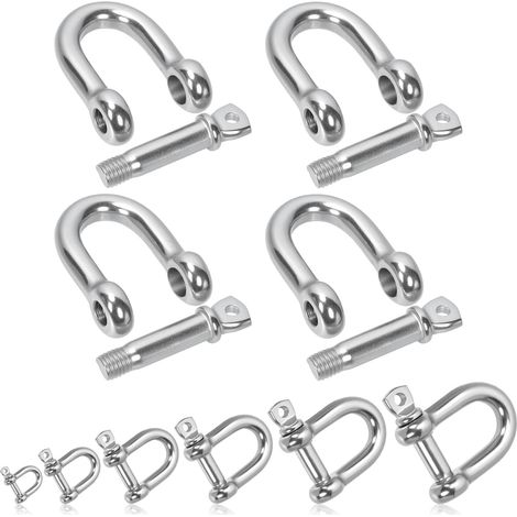Lot de 4 manilles à anneau en D en acier inoxydable 304 M10 (0,95 cm) - Manilles d'ancrage à vis argentées - Manille de chape pour la construction de sangles de remorquage (1/5)