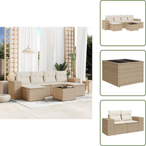 The Living Store 7-tlg. Garten-Sofagarnitur mit Kissen Beige Poly Rattan - Gartenmöbel Set - Outdoor Möbel - Rattan Gartenmöbel - Lounge Set - Esstisch Set (1/5)