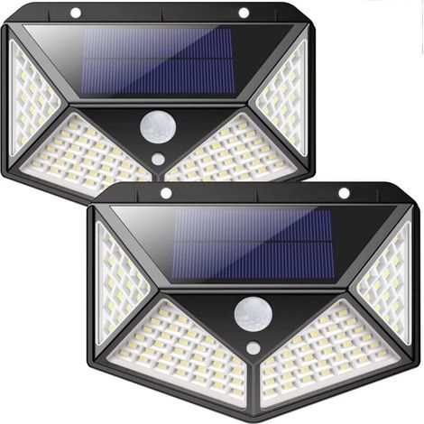 Lot de 2 Lampe Solaire Extérieur 100LED, avec détecteur de mouvement, Ip65 Extérieur étanche, avec 3 modes, pour jardin, clôture, terrasse, porte d'entrée, garage