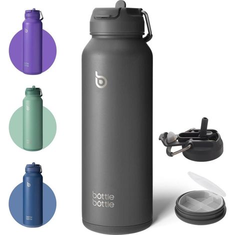 Isolierte Wasserflasche mit Strohhalm 1,2 l Grün Pillendose Edelstahl (1/5)