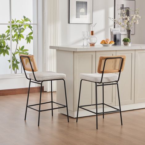 Tabouret de bar lot de 2 assise chenille dossier rotin pieds métal laqué ivoire