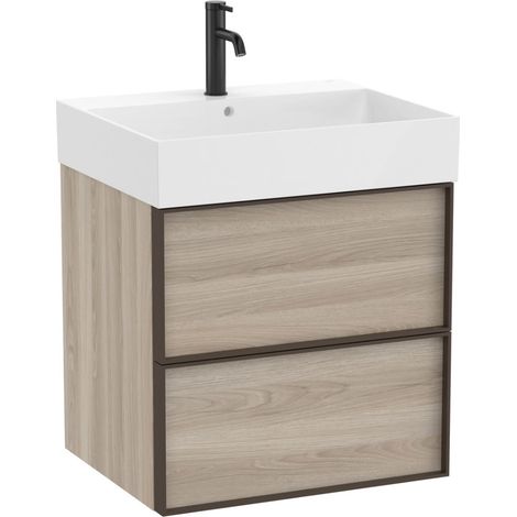 Pack meuble unik "INSPIRA" 600 - 2 tiroirs + lavabo plan en fineceramic - Pin Blanc - Roca (1/2)