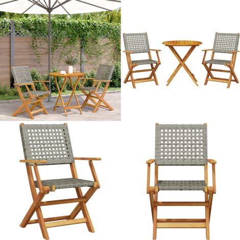 3-tlg. Bistro-Set Grau Poly Rattan und Massivholz - Gartentisch - Esszimmergarnitur - Outdoor Möbel - Holztisch - Rattan Sessel - Home & Living (1/5)