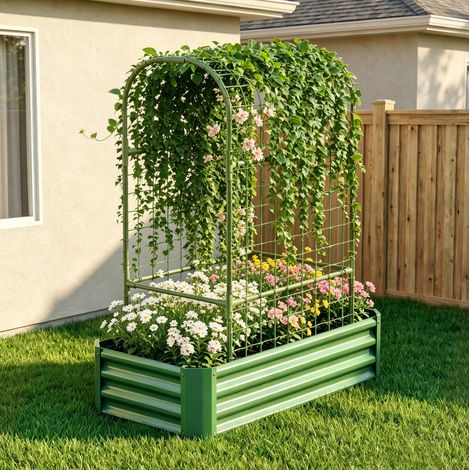 Bancal elevado 120x60x150 cm de acero verde con enrejado para terraza y balcón – MEUBLIV (1/5)
