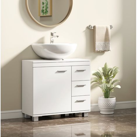Mueble bajo lavabo de MDF blanco, 70 x 30 x 64 cm, con 3 cajones y 2 estantes (1/5)