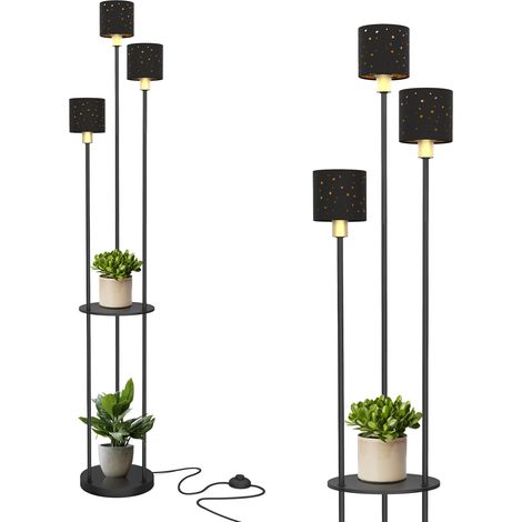 Puluomis – Lampadaire sur pied noir industriel 3 lumières – Abat-jour en tissu perforé – Étagère en métal – Hauteur 160 cm – Pour salon, chambre, bureau (1/5)