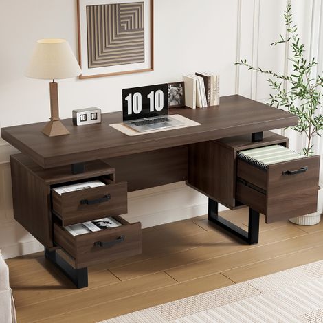 Bureau 135 x 54 cm, MDF et tube d'acier de haute qualité, Tiroir silencieux, Tiroir pour classeurs, Plateau de Bureau spacieux et protégé contre les éclaboussures, Rangement efficace, Marron (1/5)