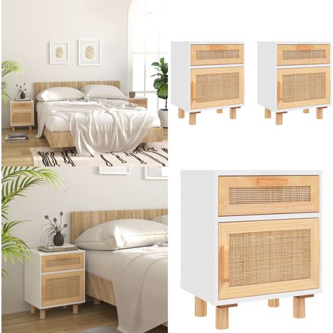 Comodini 2 pz Bianchi Legno Massello di Pino e Rattan Naturale - Comodino scandinavo - Comodino con cassetto