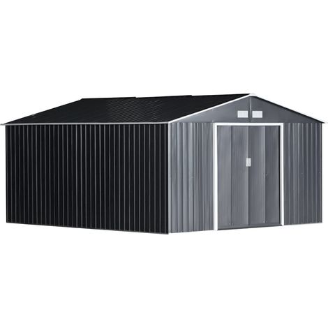 Cobertizo de jardín de exterior 12,4 m² 340x386x200 cm caseta de jardín con 2 puertas corredizas base refuerzo (suelo no incluido) gris oscuro (1/9)
