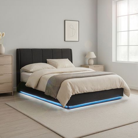 Cama tapizado LED Tröstiar con somier abatible 140x200cm - Negro [en.casa]