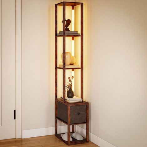 LED-Stehlampe mit Regalen, einstellbare Helligkeit, Fußschalter für Schlafzimmer, Rustikales Braun - Ce luminaire de haute qualité allie design élégant et fonctionnalité optimale, parfait pour embe... (1/5)