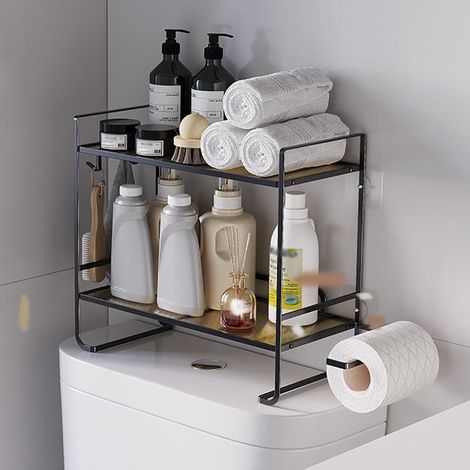 Étagère WC 2 Niveaux en Métal, Rangement Sans Perçage avec Porte-Rouleau Noir (1/5)