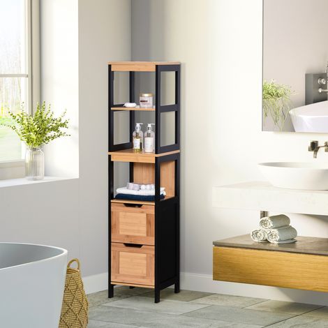 Mobiletto da bagno alto con 3 ripiani e 2 cassetti, stile moderno, 30x30x144,3 cm, nero e naturale.