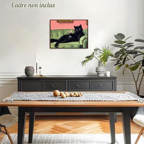 Black Cat Wall Art, Black Cat Art Prints Holding a Martini for Bedroom, Living Room and Bar 12x16 Inch Unframed (1/4)