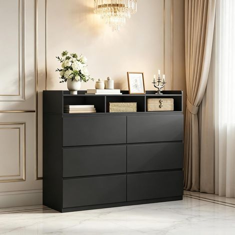 Comò a 4 ripiani 120x40x100 cm, 6 cassetti, 3 vani aperti, protezione antiribaltamento, legno, nero (1/5)