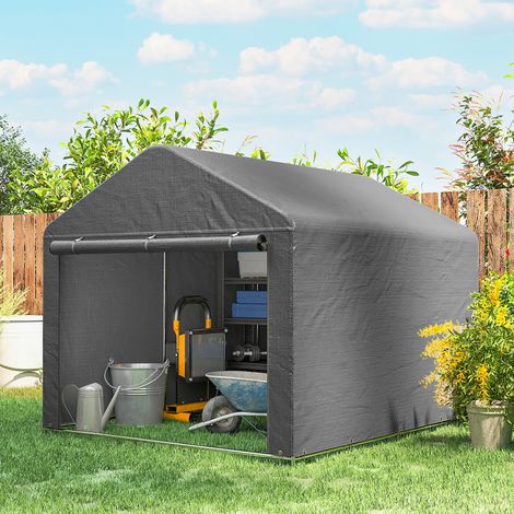 Caseta de jardín impermeable de 2x2,4 m con puerta enrollable y estructura metálica, color gris claro. (1/5)