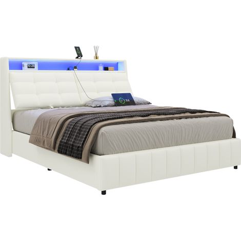 Lit plateforme rembourré 160 x 200 avec éclairage LED et USB, rangement dessous, coussins de tête réglables, blanc (1/5)