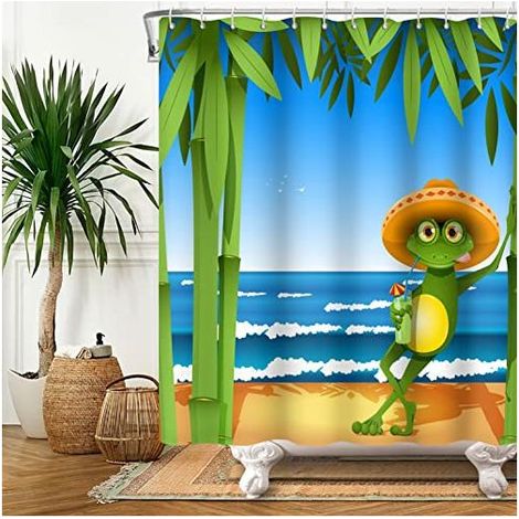 Rideau de Douche 180x200 cm Motif Grenouille Drôle avec Chapeau, Design Plage Été Feuilles de Bambou et Vagues Océan, Rideau de Bain en Polyester pour Enfants, avec Crochets Inclus (1/4)