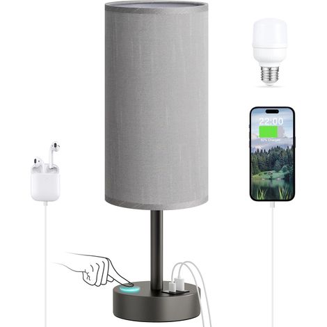 Lampe de chevet tactile grise, lampe de nuit à intensité variable (3 niveaux) avec ports de chargement USB-A et USB-C, abat-jour en tissu, idéale pour la chambre, le dortoir ou le bureau. (1/5)