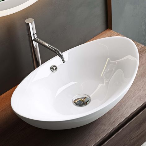 Mai & Mai Lave Mains Évier Vasque à Poser 59x38x19cm en Céramique Blanc Ovale Lavabo avec Trop-Plein BR818 (1/5)