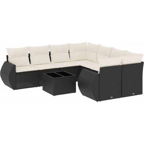 Salon de jardin 9 pcs avec coussins noir résine tressée (1/5)