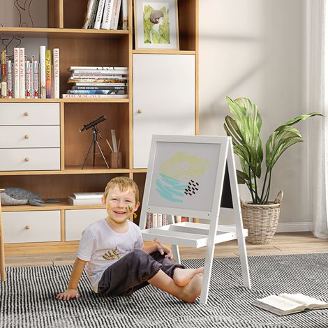 Cavalletto per bambini 2 in 1: un lato è una lastra magnetica e l'altro una lavagna bianca.