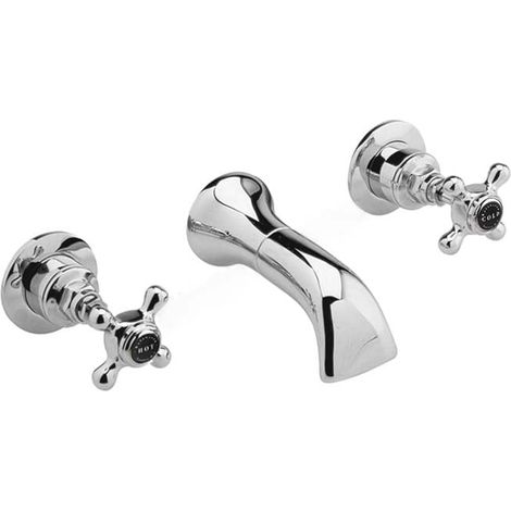 Bayswater Crosshead Hex 3 Hole Basin Mixer Tap Wall Mounted - Black/Chrome (1/2)