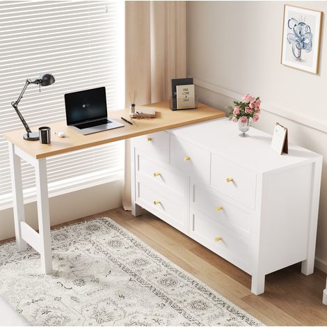Drehbarer Eckschreibtisch 360° mit Kommode, 7 Schubladen, 120 x 40 x 70 cm, Weiß/Eiche, OKWISH (1/5)