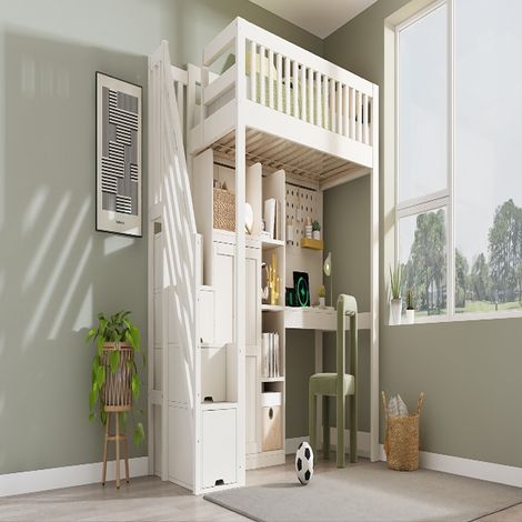 Weißes Kinder Hochbett 90x200 cm mit Schreibtisch und Kleiderschrank, platzsparendes Multifunktionsbett mit Treppenschrank und USB-Anschluss (1/5)
