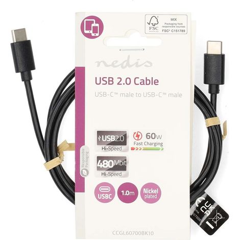 Nedis USB-Kabel / USB 2.0 / USB-C™ Stecker / USB-C™ Stecker / 60 W / 480 Mbps / Vernickelt / 1.00 m / Rund / PVC / Schwarz / Label