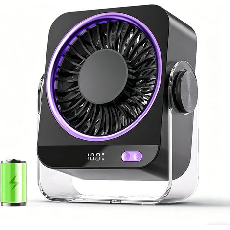 Ventilateur de Bureau, Ventilateur de Table Silencieux Rechargeable par USB 3600mAh, 5 Vitesses, Mini Ventilateur Portable Rotation à 180° pour Bureau, Maison, Extérieur (gris&violet) (1/5)