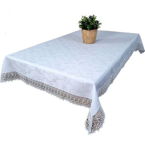TOVAGLIA Bianca Antimacchia Rifinita con Pizzo 140/180 Tovaglie Polacche con Pizzo Guipure (1/5)
