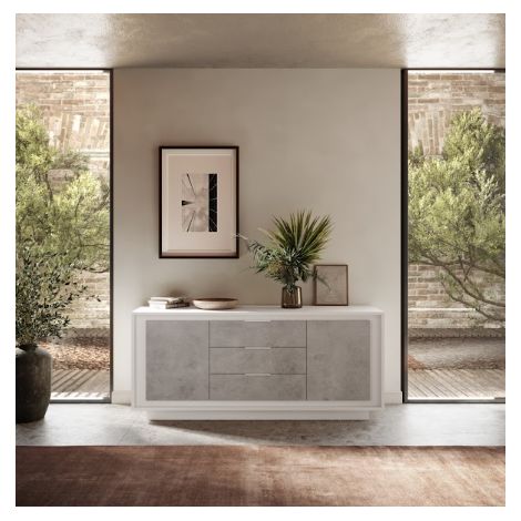 Buffet SKY 2 portes et 3 tiroirs – Finition Blanc mat laqué / Ciment (1/2)