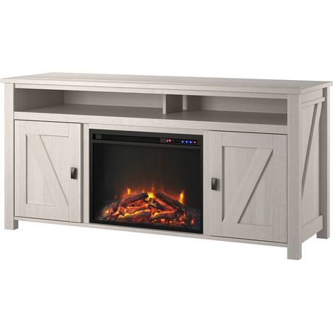 Buffet lowboard blanc avec cheminée électrique – Panneau de particules FSC – Compartiments de rangement intégrés – Télécommande incluse