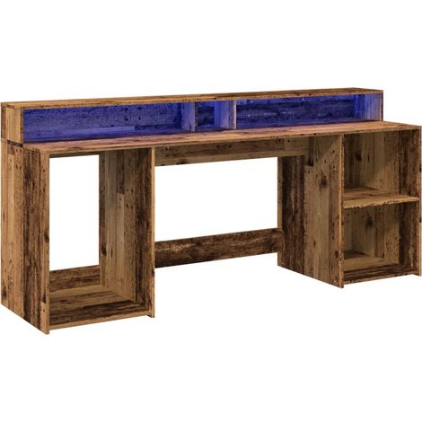 Escritorio mesa puesto de trabajo mueble de ordenador estudio con luces LED madera vieja madera de ingeniería marrón 020023437 (1/5)