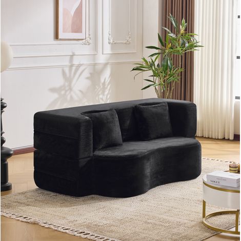 Canapé-lit convertible 180x55x70 cm noir pliable 2-en-1 en mousse et tissu peluche MEUBLIV (1/5)