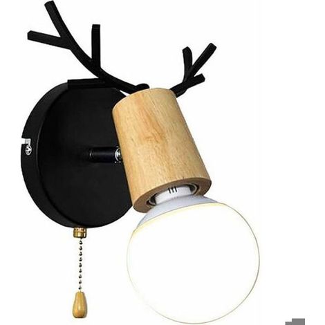 Applique Murale - Bois De Cerf - Fer Forgé Et Chêne - Interrupteur À Chaînette - E27 - Noir - 1 Pièce (1/5)