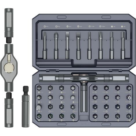 1 jeu (16,593,5 cm) de tournevis multi-embouts magnétiques de précision gris 42 en 1 avec 40 embouts et une poignée à cliquet amovible en forme de T (1/4)