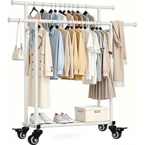 Portant à vêtements sur roulettes avec 2 tringles + étagère Portant mobile, max. 60 kg, stable avec roulettes fluides Montage rapide pour chaussures, chambre à coucher, salon, buanderie (1/5)