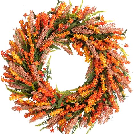 Déco automnale pour porte d’entrée 55 cm – Couronne artificielle jaune et orange avec forsythias, baies et feuilles, utilisable dedans et dehors (1/5)