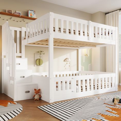 Lit superposé bas enfant 140 x 200 cm, 2 couchages, échelle 3 marches avec rangement, barrières de sécurité intégrales, sommiers à lattes, pin, blanc (1/5)
