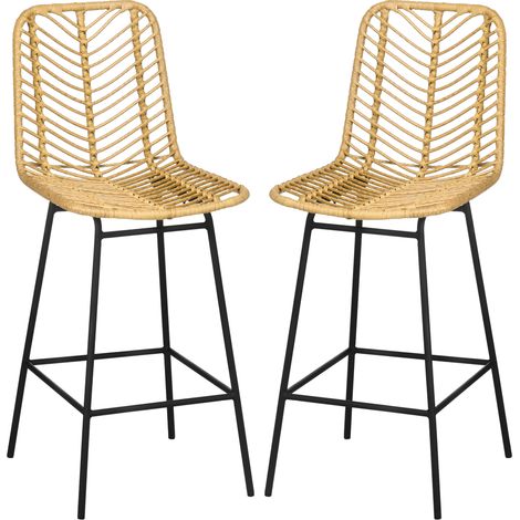 Lot de 2 tabourets de bar design bohème Hauteur 66 cm avec repose-pieds métal et rotin PE - naturel (1/5)
