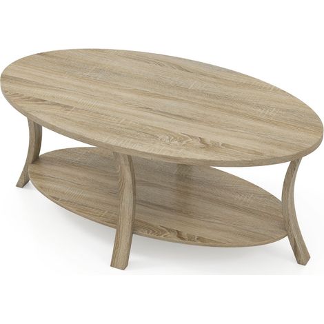 Mesa de centro ovalada 111 x 60,5 x 47 cm con estante de almacenaje diseño rústico en madera de hevea y acabado roble 200013792