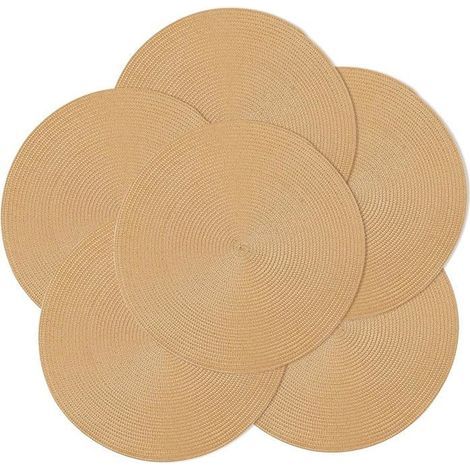Set of 6 round cotton coasters, 38 cm, washable, heat-resistant, stain-proof, in gold color.
