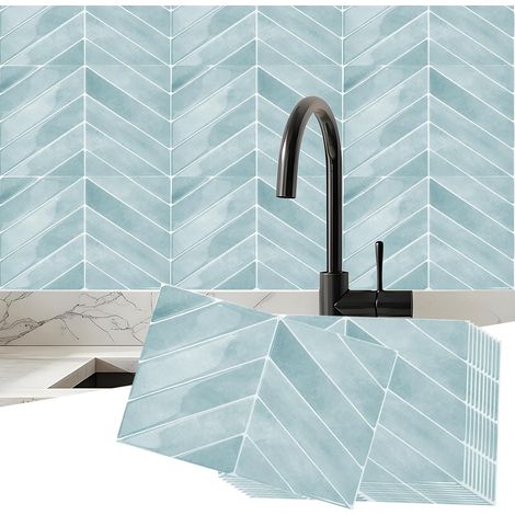 Lot de 10 autocollants 3D pour carrelage mural imperméable - Pour cuisine et salle de bain - Bleu - 29 x 22,9 cm (1/5)