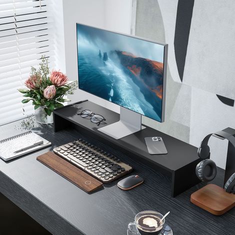 Rehausseur écran PC bureau support d'écran d'ordinateur de 100 cm support moniteur avec deux compartiments. noir