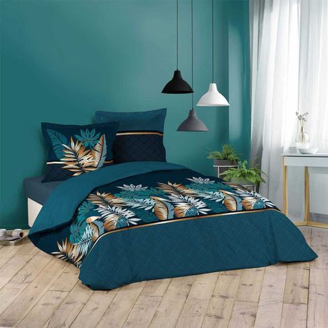 Paris Prix – Parure de lit 3 pièces 240x220cm en coton – Doux au toucher – A motifs – Oeko-Tex Standard 100 – Couleur bleu (1/5)