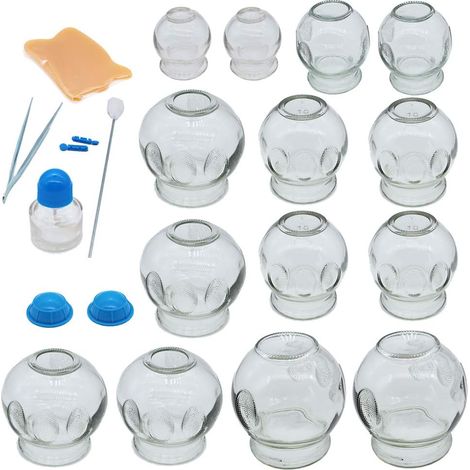Set mit 14 dickwandigen Glas-Schröpfgläsern – Schröpftherapie – Muskelentspannung – Für den professionellen und privaten Gebrauch – Verschiedene Durchmesser (1/5)