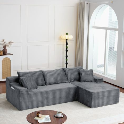 Sofá modular esquinero 239x156x79 cm de pana gris con chaise longue derecha - CHICFURN (1/5)