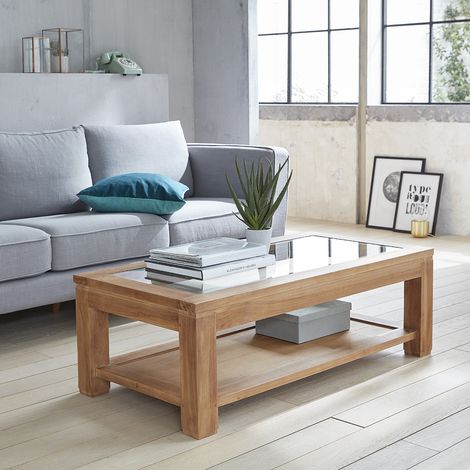 Berah Getah – Table basse fixe en teck massif avec plateau vitré – Double plateau pratique – Dimensions 120x60cm – Hauteur 40cm – Poids 30kg (1/4)